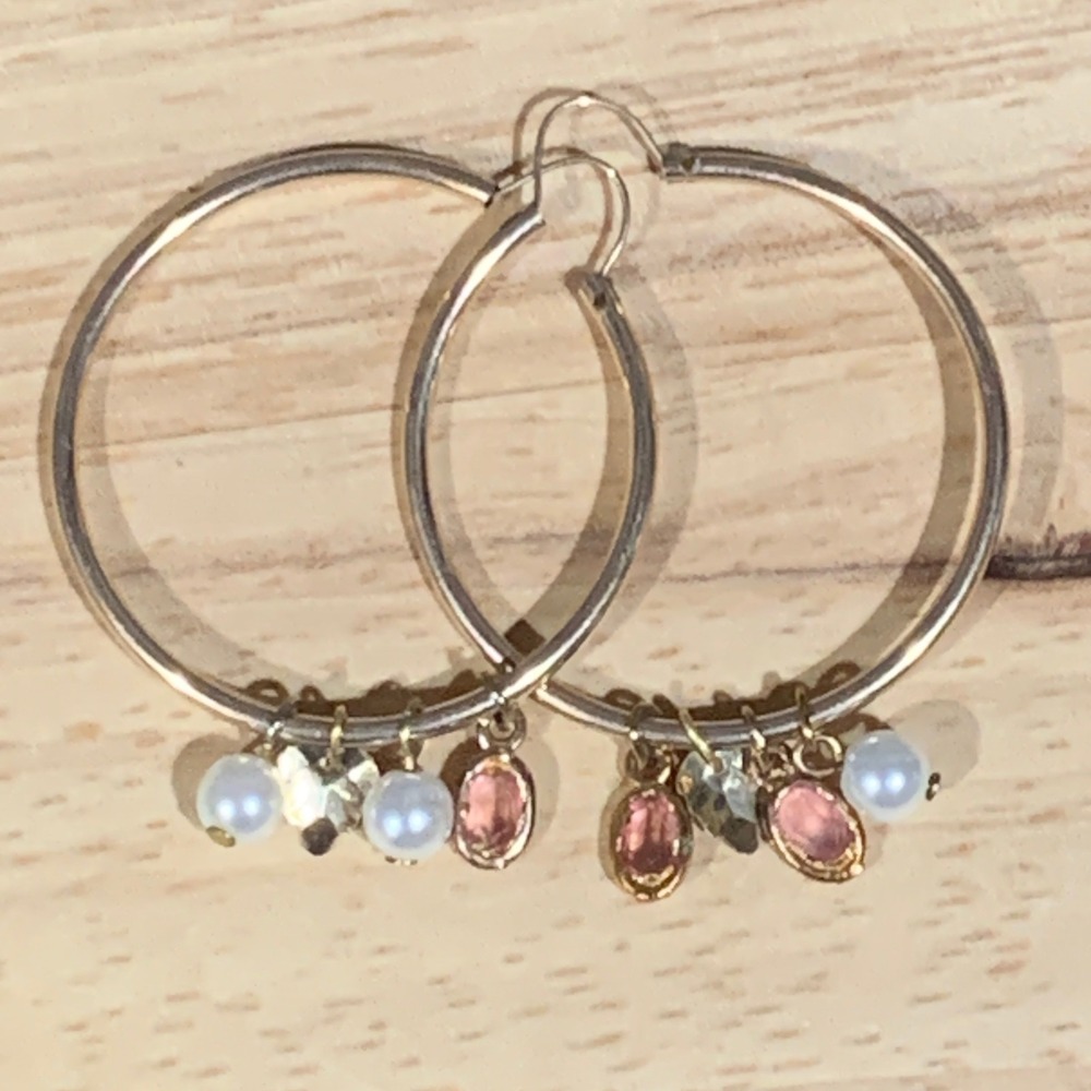 Charm Hoop Earrings Women Gold Tone Pink Stone Faux Pearl Dangle Charms Boho